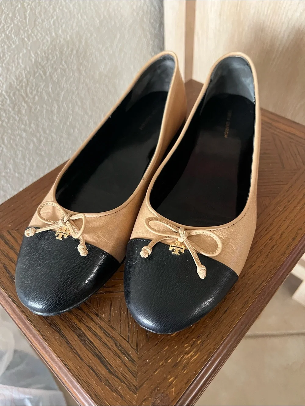 Tory Burch Ginger Shortbread & Black Cap-Toe Ballet Flats